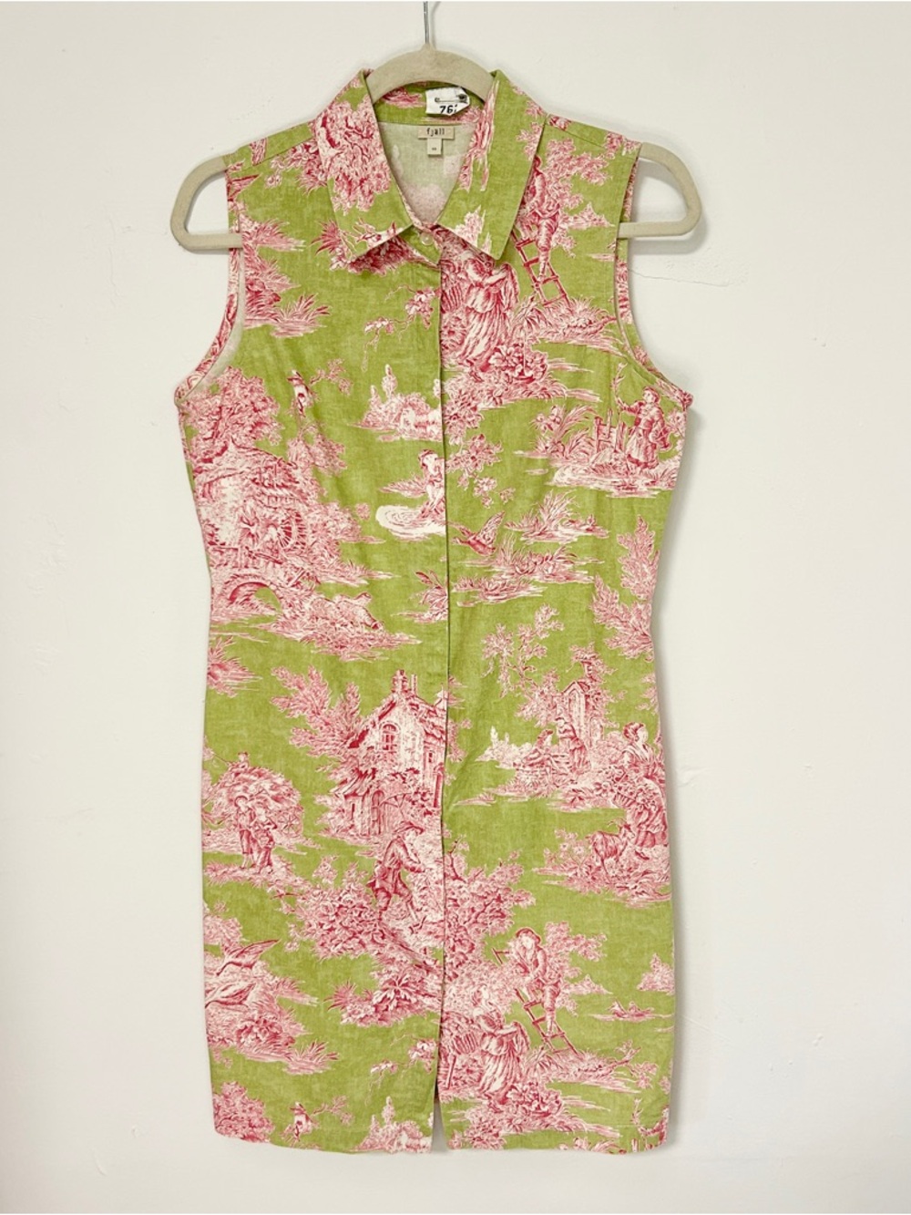 Fjäll Sleeveless Green and Pink Toile Shirt Dress Sz. 10